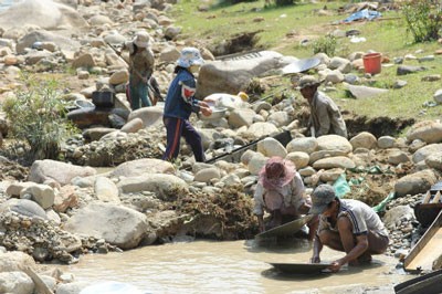Người dân đang đào đãi vàng tại sông Hà Riềng