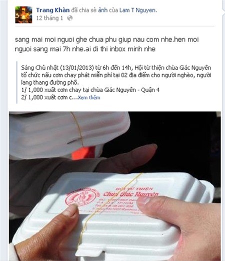 Trang Trần thường xuyên kêu gọi bạn bè làm từ thiện trên trang facebook cá nhân.