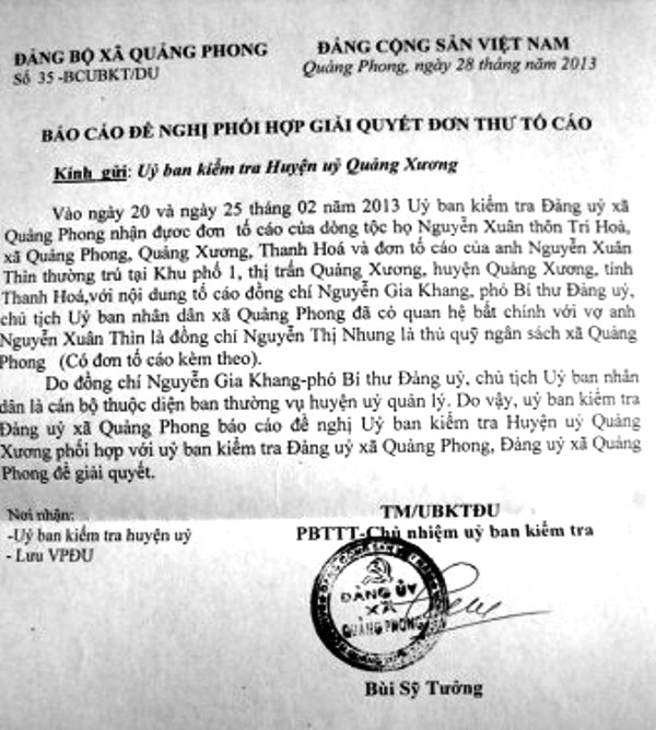 Bản báo cáo của Đảng ủy xã Quảng Phong lên Ủy ban kiểm tra Huyện Ủy Quảng Xương. Ảnh: Toàn Nguyễn/Công lý