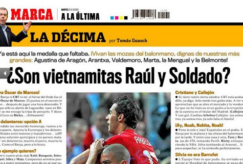 Bài viết có nhan đề "Raul & Soldado là người VN hay sao?" trên tờ Marca.