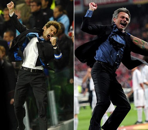 Cách ăn mừng của Villas Boas (trái) và Jose Mourinho cũng khá giống nhau - Ảnh: AFP/Reuters
