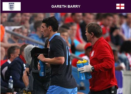 Gareth Barry (Thi đấu cho Man City, quốc tịch Anh): Barry được đánh giá là một trong những tiền vệ phòng ngự tốt nhất nước Anh hiện nay. Hơn nữa, cầu thủ 31 tuổi này còn rất đa năng khi có thể đá tốt cả vị trí trung vệ và hậu vệ cánh. Tuy nhiên, cựu cầu thủ Ashton Villa đã lỡ hẹn với ngày hội tại Ba Lan và Ukraine đầy nghiệt ngã khi dính chấn thương cơ bụng trong trận đấu giao hữu của “tam sư” với Na Uy.