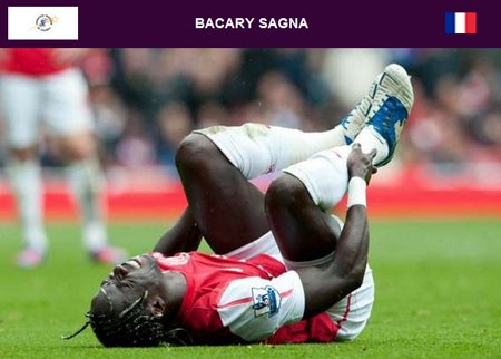 Bacary Sagna (Thi đấu cho Arsenal, quốc tịch Pháp): Không chỉ mất Abidal bên hành lang cánh trái, ĐT Pháp còn chịu tổn thất lớn khác khi hậu vệ cánh phải Sagna không thể thi đấu vì bị gãy chân trong trận đấu giữa Arsenal và Norwich mùa giải vừa qua.