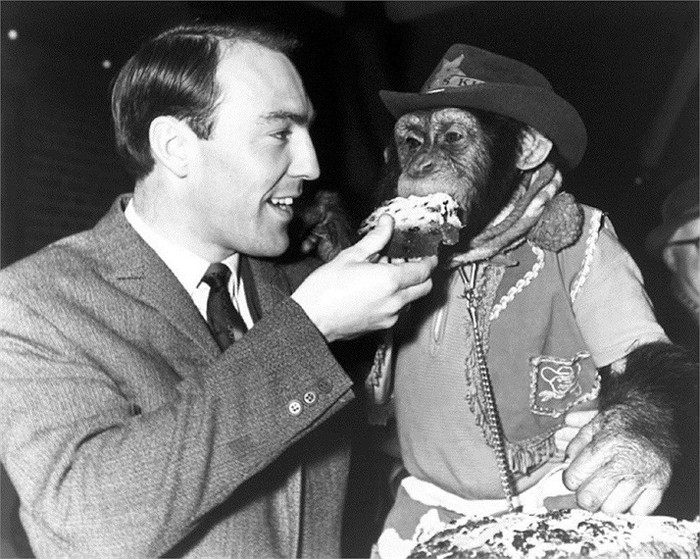 Huyền thoại Jimmy Greaves thân thiện bên cạnh chú khỉ.