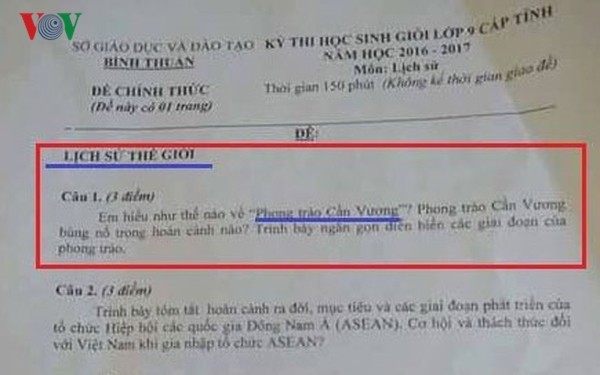Đề thi học sinh giỏi lớp 9 môn Lịch sử tỉnh Bình Thuận năm 2018 có sai sót câu 1 (Ảnh VOV)