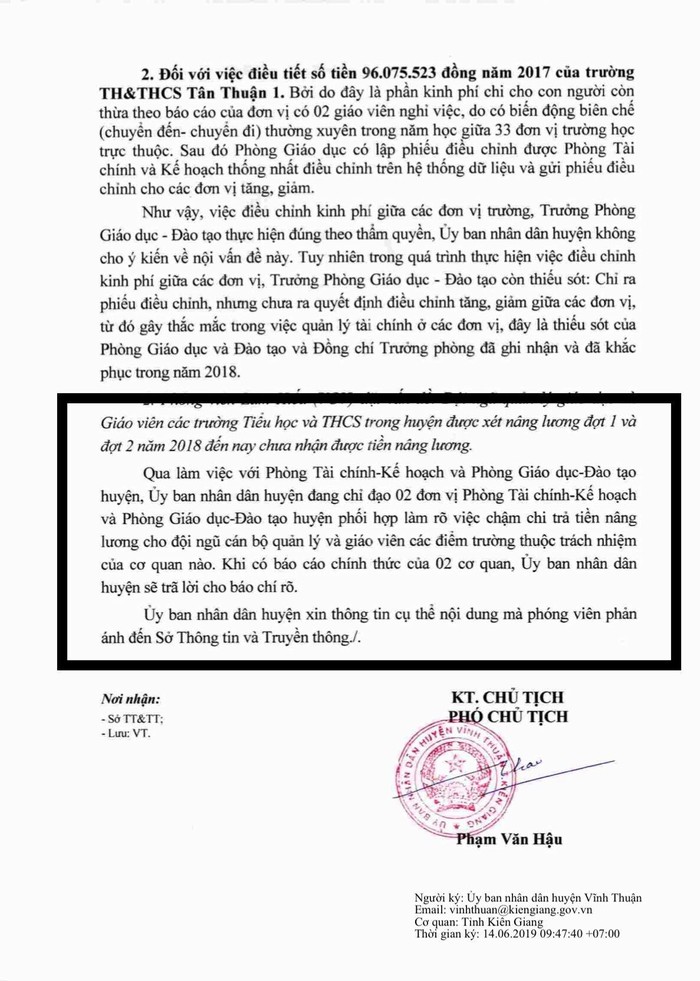 Văn bản của Ủy ban Nhân dân huyện Vĩnh Thuận gửi Sở Thông tin và Truyền thông tỉnh Kiên Giang (Ảnh CTV)