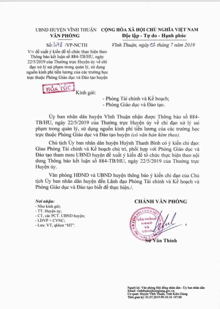 Công văn hỏa tốc của Ủy ban Nhân dân huyện Vĩnh Thuận (Ảnh CTV)