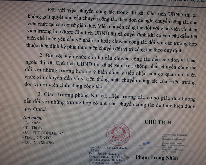 Công văn về việc xem xét, giải quyết nhu cầu chuyển công tác của Chủ tịch Ủy ban Nhân dân thị xã La Gi tỉnh Bình Thuận (Ảnh tác giả)