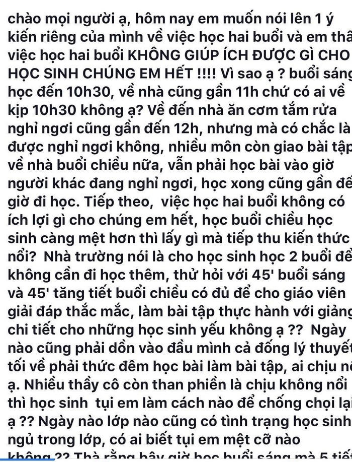 Những dòng tâm sự đắng lòng của học sinh tỉnh Kiên Giang khi phải học 2 buổi/ngày (Ảnh CTV)
