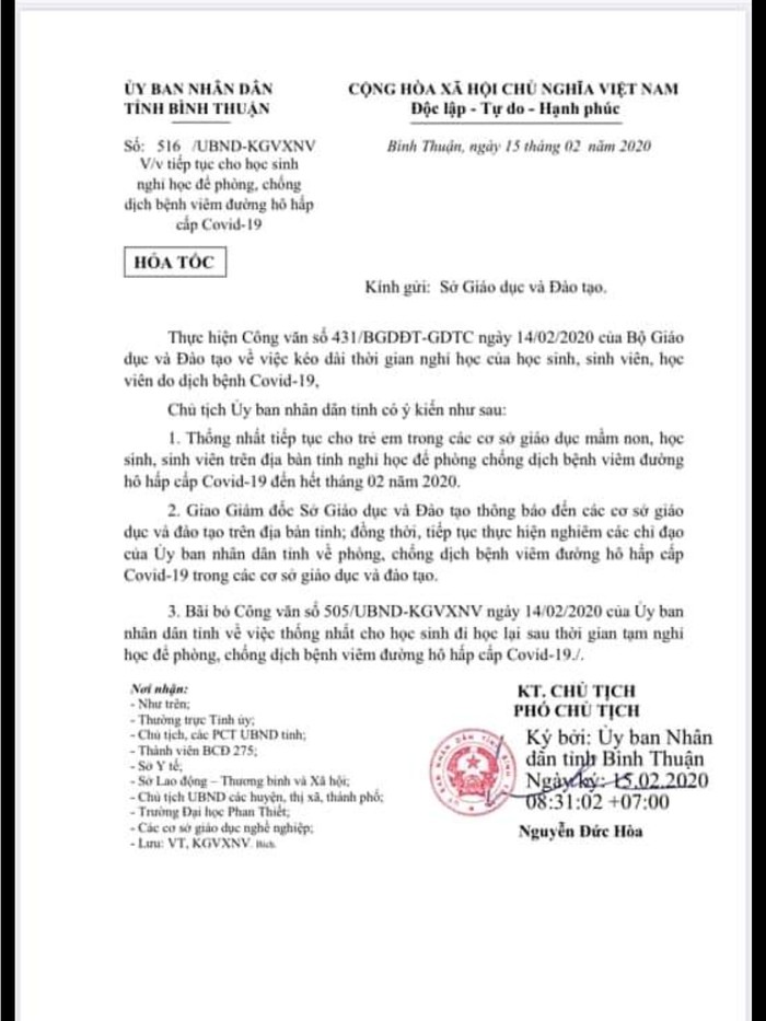 Công văn hỏa tốc của Ủy ban nhân dân tỉnh Bình Thuận về việc cho học sinh nghỉ hết tháng 2 (Ảnh CTV)