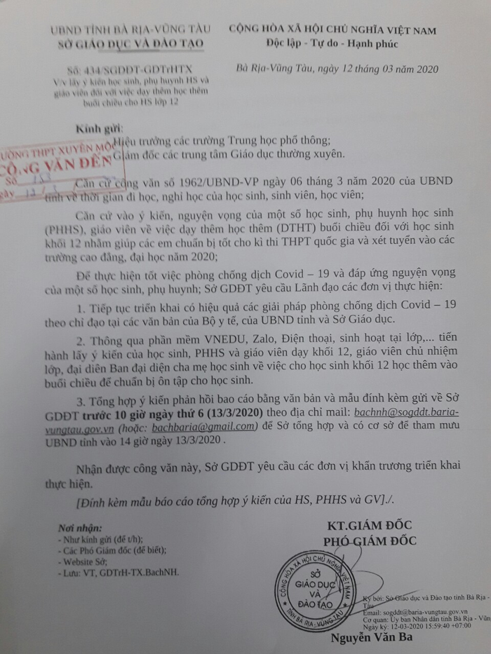 Công văn của Sở Giáo dục và Đào tạo tỉnh Bà Rịa-Vũng Tàu đã bị hủy sau một ngày ban hành (Ảnh: CTV)