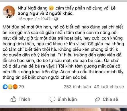 Dòng trạng thái của nick Như Ngô đăng trên Facebook nhận được nhiều ý kiến xúc phạm của bạn bè. (Ảnh cô giáo Ngân cung cấp).