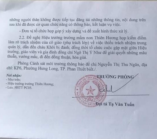 Kết quả giải quyết đơn tố cáo của Phòng Cảnh môi trường sát Công an tỉnh Bình Thuận (Ảnh cô Ngân cung cấp)