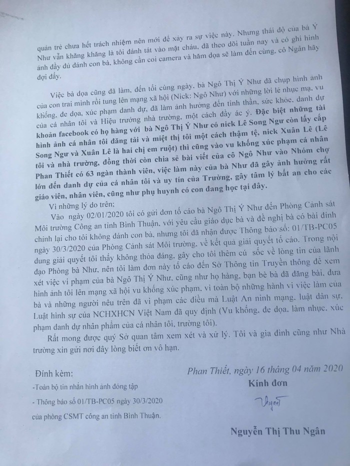 Đơn tố cáo của cô giáo Ngân gửi Sở Thông tin Truyền thông tỉnh Bình Thuận (Đơn cô giáo Ngân cung cấp).