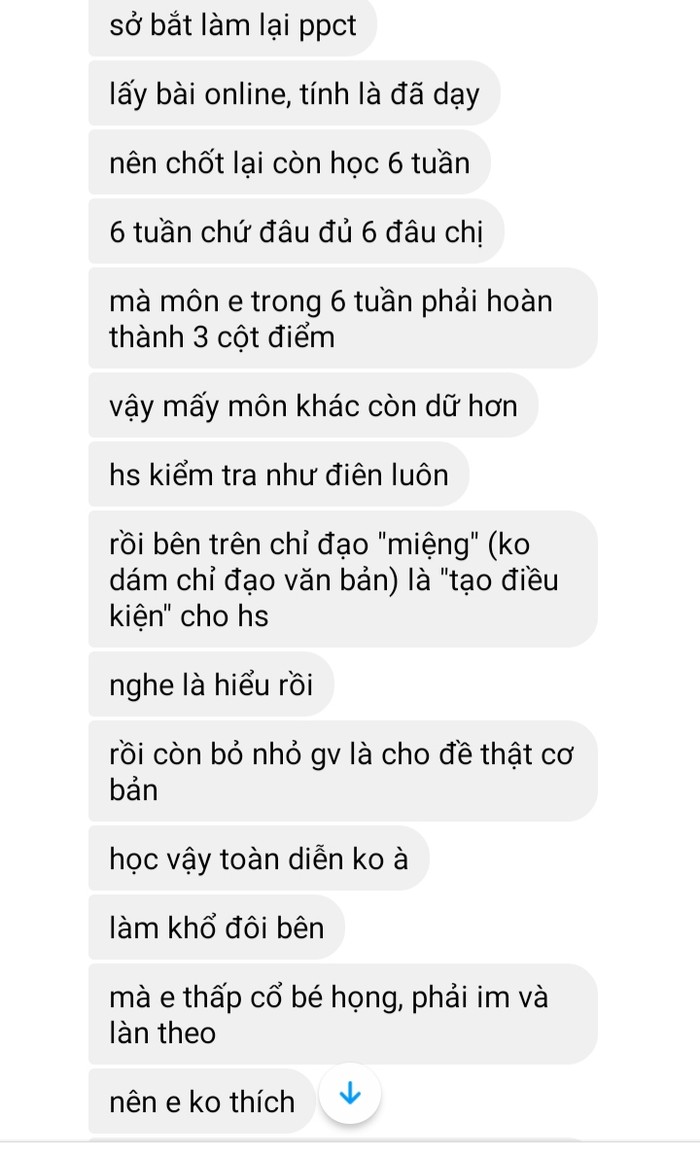 Một đoạn tin nhắn của giáo viên ở Thành phố Hồ Chí Minh nói về việc dạy học hình thức (Ảnh: Phan Tuyết)