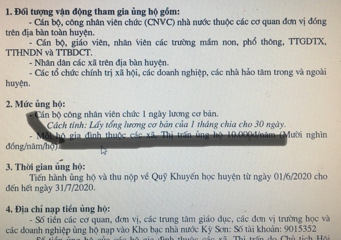 Công văn yêu cầu trừ 1 ngày lương của Hội Khuyến học huyện Kỳ Sơn, tỉnh Nghệ An (Ảnh CTV)
