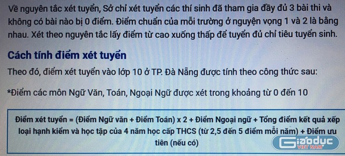 Cách tính điểm chuẩn vào 10 ở Đà Nẵng có khác hơn nhưng 2 môn văn, toán cũng nhân 2 (Ảnh tác giả)