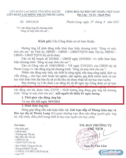 Liên đoàn Lao động thị xã Phước Long kêu gọi ủng hộ một ngày lương (Ảnh CTV)