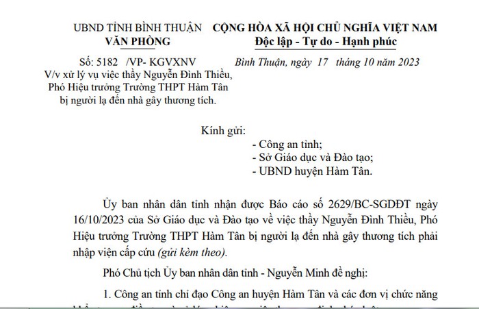 Công văn của Ủy ban nhân dân tỉnh Bình Thuận yêu cầu xử lý nghiêm vụ hành hung nhà giáo (Ảnh chụp)