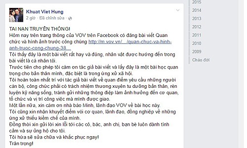 Ảnh chụp nội dung bài viết nhận lỗi trên Facebook ông Khuất Việt Hùng