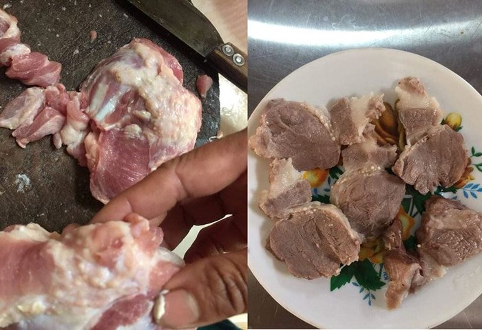 Thịt lợn nghi nhiễm sán lúc sống và chín tại trường mầm non Thanh Khương (Bắc Ninh) (Ảnh: Vũ Ninh)