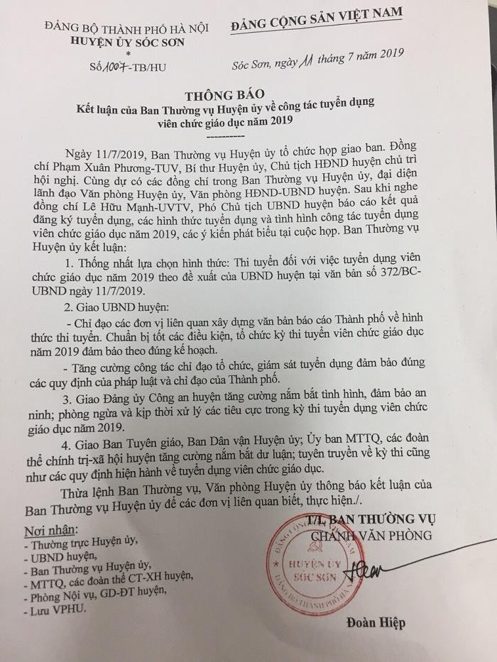 Chủ tịch Nguyễn Đức Chung chỉ đạo xét tuyển, huyện Sóc Sơn ra văn bản thông báo hình thức tuyển dụng viên chức: Thi tuyển (Ảnh:V.N)