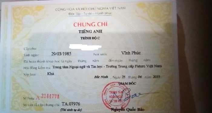 Chứng chỉ ngoại ngữ, tin học của trường Trung cấp Future Việt Nam (Bắc Ninh) cấp trước khi bị tuýt còi (Ảnh:N.D)