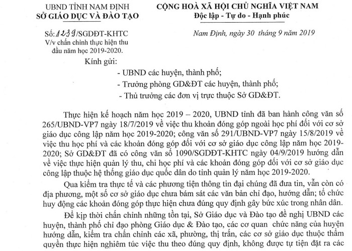 Sở Giáo dục tỉnh Nam Định có công văn chấn chỉnh tình trạng lạm thu (Ảnh:V.N)