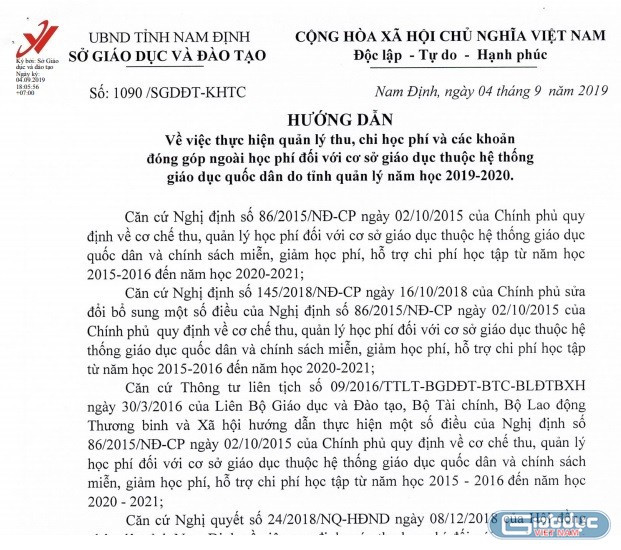 Công văn hướng dẫn thu các khoản học phí và ngoài học phí của Sở Giáo dục và Đào tạo tỉnh Nam Định (Ảnh:N.D)
