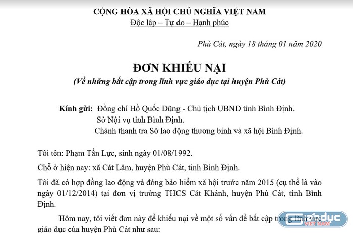 Một số giáo viên hợp đồng huyện Phù Cát gửi đơn khiếu nại đến Chủ tịch Ủy ban Nhân dân tỉnh Bình Định (Ảnh:V.N)
