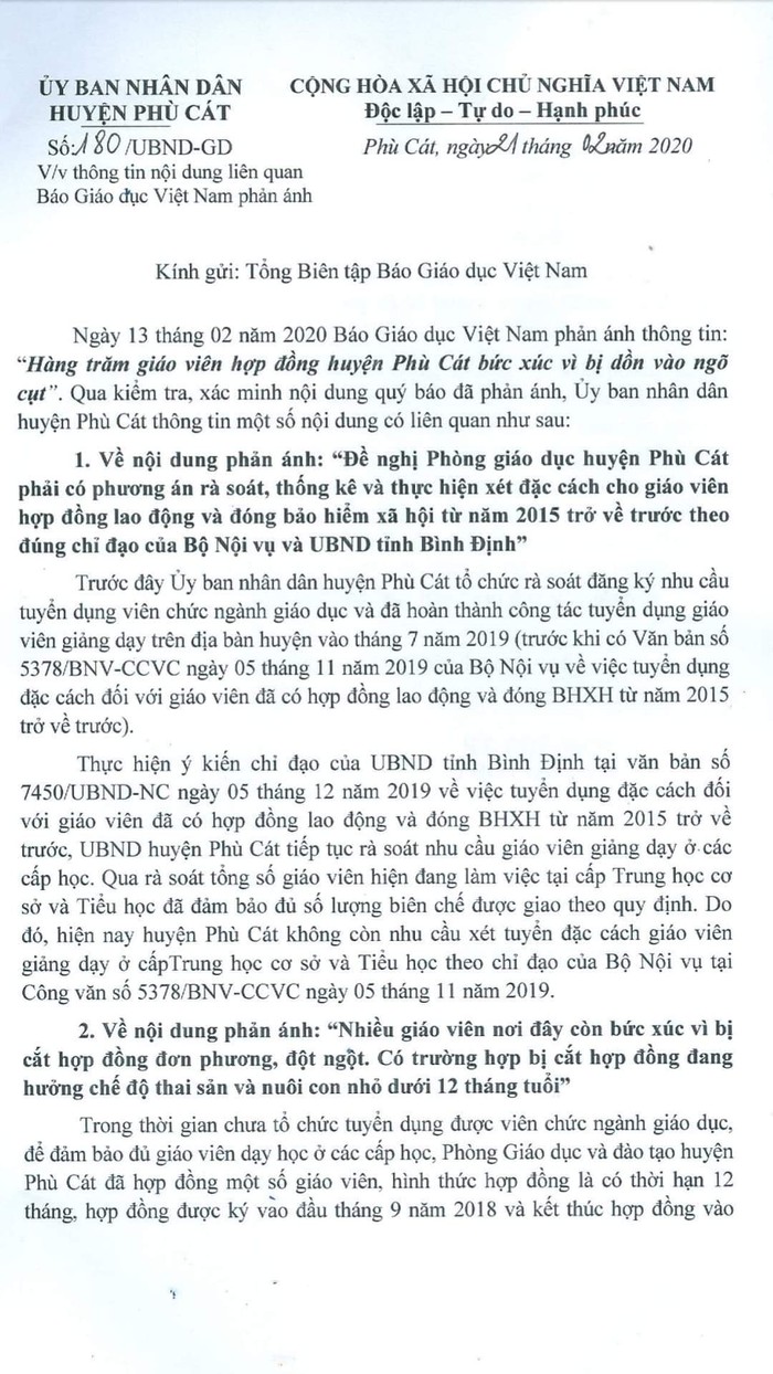 Ủy ban Nhân dân huyện Phù Cát trả lời Báo điện tử Giáo dục Việt Nam về nội dung thông tin phản ánh (Ảnh:V.N)