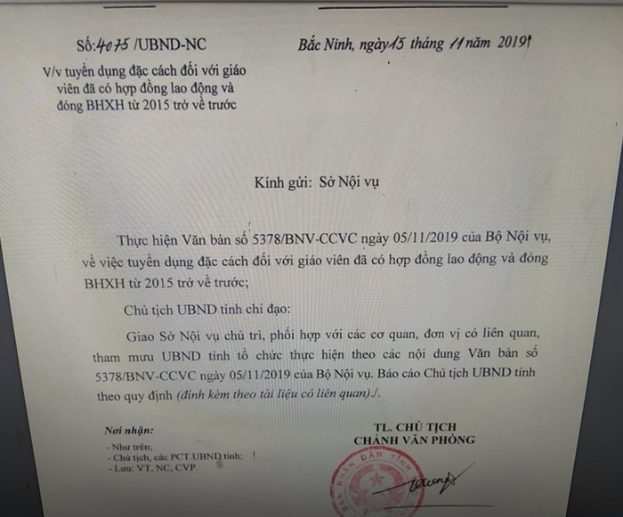 Văn bản chỉ đạo xét đặc cách cho giáo viên hợp đồng tỉnh Bắc Ninh (Ảnh:CTV)