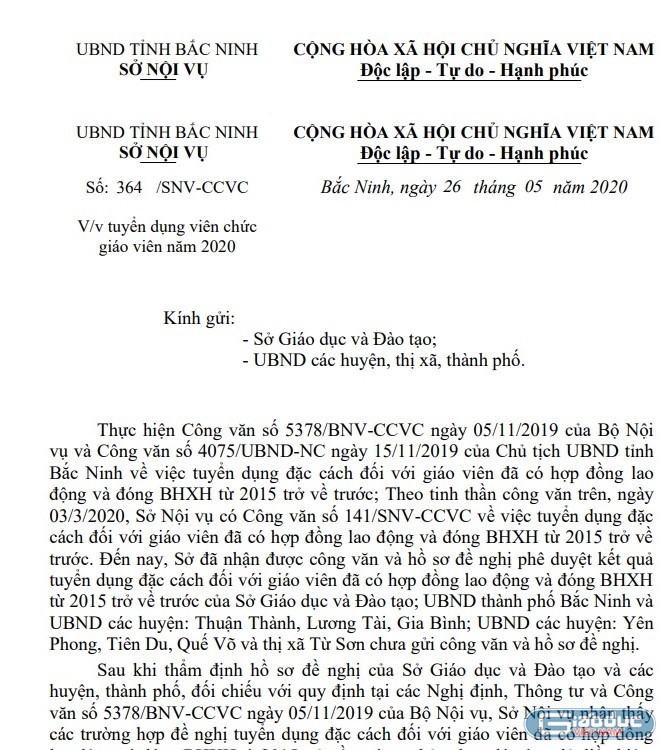 Công văn số 364 Sở Nội vụ tỉnh Bắc Ninh (Ảnh:V.N)