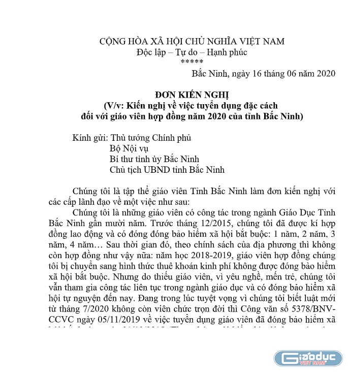 148 giáo viên hợp đồng tỉnh Bắc Ninh gửi đơn kiến nghị đến Bộ Nội vụ (Ảnh:V.N)