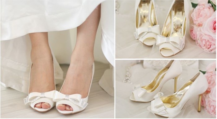 Những họa tiết nơ xinh xắn trên đôi giày cưới sẽ thật ăn ý khi được kết hợp cùng bộ váy cưới bồng bềnh, lãng mạng. Trông bạn như một nàng công chúa vậy.