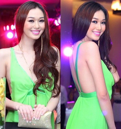 Người đẹp Khánh My nổi bật khi diện váy xanh lá cây.