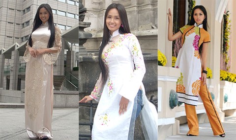 Còn hai bức ảnh bên trái được Hoa hậu mặc trong một dịp ra nước ngoài công tác. Gu thời trang rườm rà, lòe loẹt tiếp tục chi phối cách chọn áo dài của Mai Phương Thúy.
