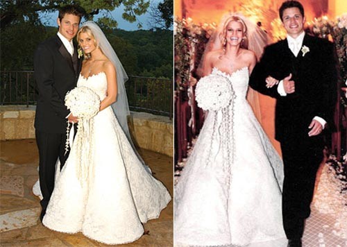 Cách đây đúng 10 năm, Jessica Simpson và Nick Lachey tổ chức đám cưới tại một nhà thờ truyền thống ở Austin, Texas. Cô dâu Jessica đã mặc một chiếc váy quây làm từ chất liệu ren bồng bềnh rất quyến rũ.