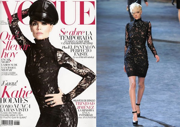 Bà xã của Tom Cruise, Katie Holmes, thể hiện vẻ đẹp vừa quyến rũ, vừa mạnh mẽ trên tạp chí Vogue, Tây Ban Nha. Chiếc váy ren đen hiệu Lanvin cô diện giúp khoe được vòng ba nở nang. Đồng thời, màu đen cũng là giải pháp "thu gọn" thân hình "gái một con" của Katie rất hiệu quả.