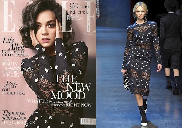 Ca sĩ người Anh - Lily Allen diện mẫu thiết kế nằm trong bộ sưu tập mùa đông 2011 của Dolce & Gabbana. Bộ váy dù kín đáo nhưng vẫn rất gợi cảm khi được thêm những lớp ren.