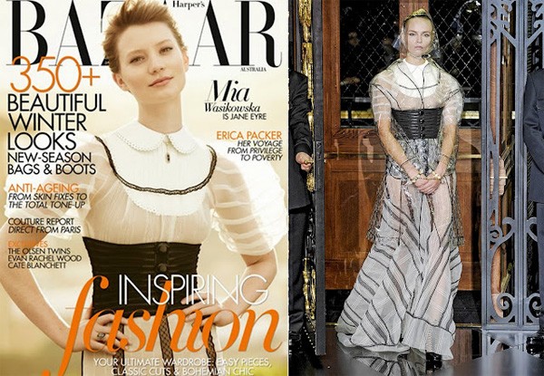 Mang hơi hướng cổ điển, bộ váy của Louis Vuitton khiến người đẹp Mia Wasikowska trông như một tiểu thư đài các trên tạp chí Harper Bazaar, Australia. Bộ váy làm nổi bật lên phần eo và 'đẩy' phần ngực đầy hơn.