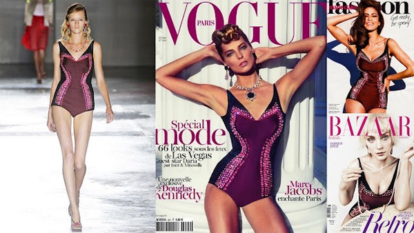 Ba người đẹp: Daria Werbowy (ảnh giữa) chụp cho tạp chí Vogue Paris, Eva Mendes trên Marie Claire (trên cùng bên phải) và Jessica Stam trên Harper Bazaar España, đều diện bodysuit, khoe thân hình 'bốc lửa'.
