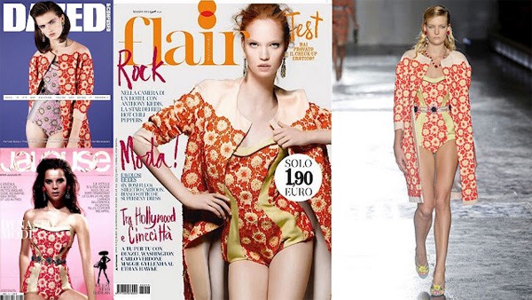 Ba người mẫu: Lauren Mullen (trên cùng, bên trái) trên tạp chí Dazed and Confused, Anouk de Hee trên tạp chí Jalouse, Pháp (dưới cùng bên trái) và Luisa Bianchin trên tạp chí Flair, Italy.
