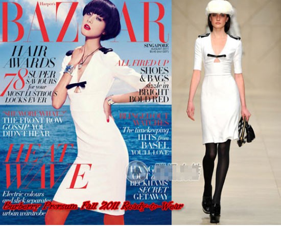 Siêu mẫu Singapore Bùi Bội khoe dáng chuẩn với đầm ôm màu trắng của Burberry-Prorsum Thu 2011 trên tạp chí BAZZAR