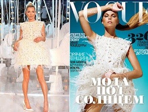 Người mẫu Maryna Linchuk trên trang bìa tạp chí Vogue - Nga với bộ váy voan với họa tiết hoa được xử lý bằng kỹ thuật cắt laser tinh xảo là điểm nhấn của Louis Vuitton.