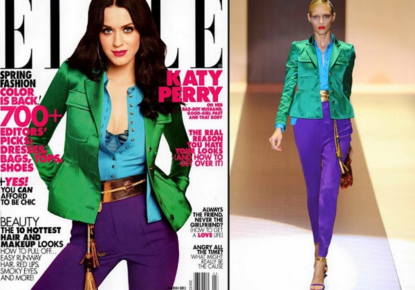 Ca sĩ Katy Perry diện bộ trang phục color block, được coi là hot nhất năm 2011 của Gucci trên tạp chí Elle, Mỹ. Những gam màu 'bắt mắt' như thế này khi mix cùng nhau sẽ rất thu hút ánh nhìn của người xung quanh. Vì thế, lời khuyên cho bạn gái béo tròn là không nên mặc chúng.