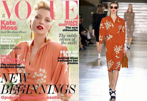 Siêu mẫu Kate Moss kiêu sa và quý phái trong bộ trang phục màu san hô của Miu Miu trên tạp chí Vogue, Anh. Những bạn gái yêu thích phong cách cổ điển có thể chọn kiểu váy này.