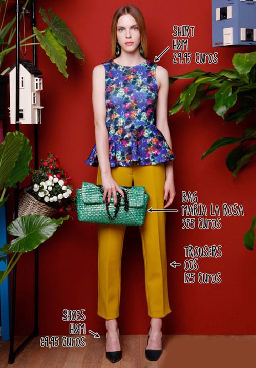 Cô nàng sắc màu với áo kiểu dáng peplum và guốc của thương hiệu H&M lần lượt có giá (khoảng 800 nghìn đồng và 1,8 triệu đồng), quần 125 Euro (3,3 triệu đồng) và túi xách xanh ngọc tuyệt đẹp của Maria La Rosa