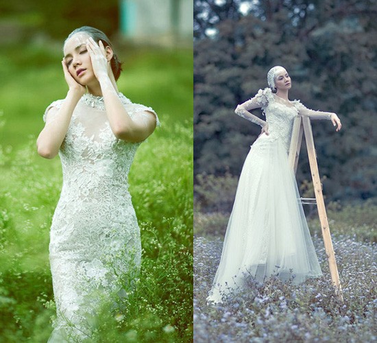 Bộ váy cưới bằng chất liệu ren kín đáo ôm sát cơ thể mang đến cho Trang Nhung nét đẹp cổ điển, kiêu kì và sang trọng.