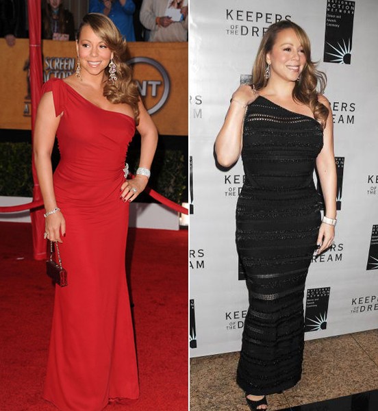 Nếu đây không phải váy lệch vai mà là chiếc đầm ống hoặc đầm cổ tròn, phần vai và bắp tay béo của Mariah Carey sẽ bị tố cáo và trở nên mất cân xứng với cơ thể.